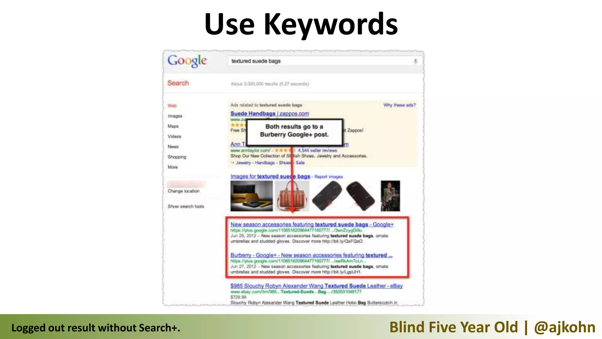 Use Keywords




Logged out result without Search+.              Blind Five Year Old | @ajkohn
 