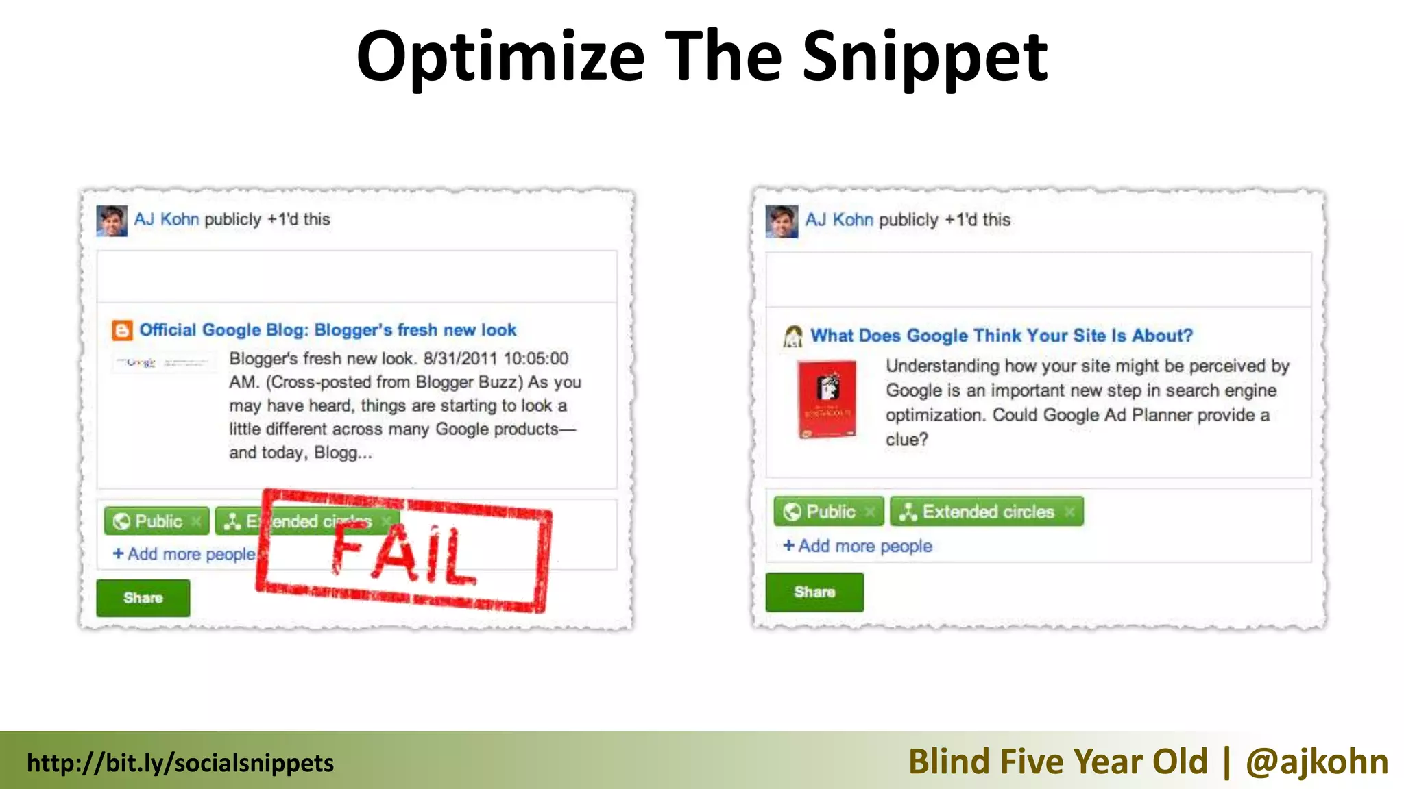 Optimize The Snippet




http://bit.ly/socialsnippets                  Blind Five Year Old | @ajkohn
 