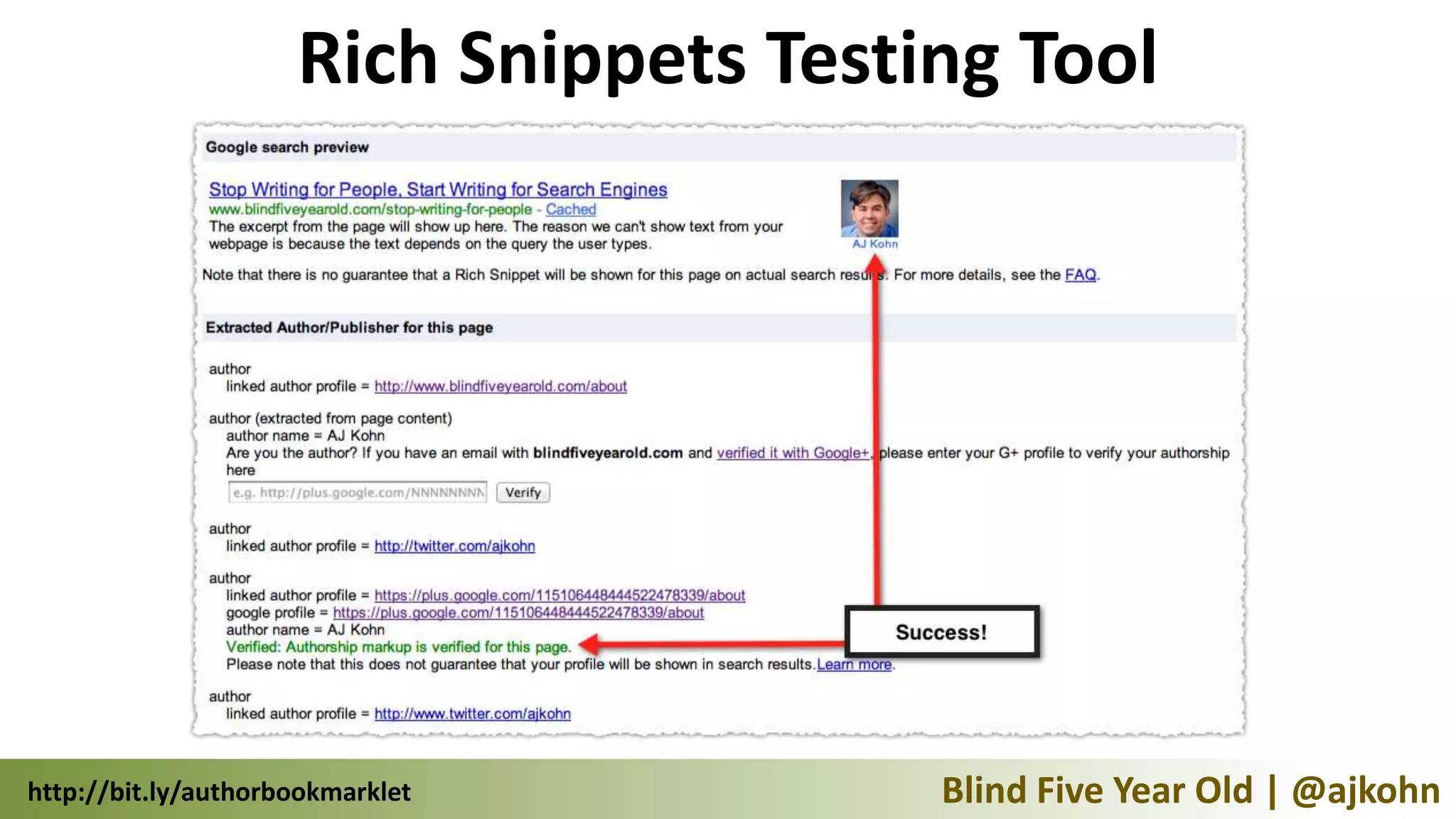 Rich Snippets Testing Tool




http://bit.ly/authorbookmarklet         Blind Five Year Old | @ajkohn
 