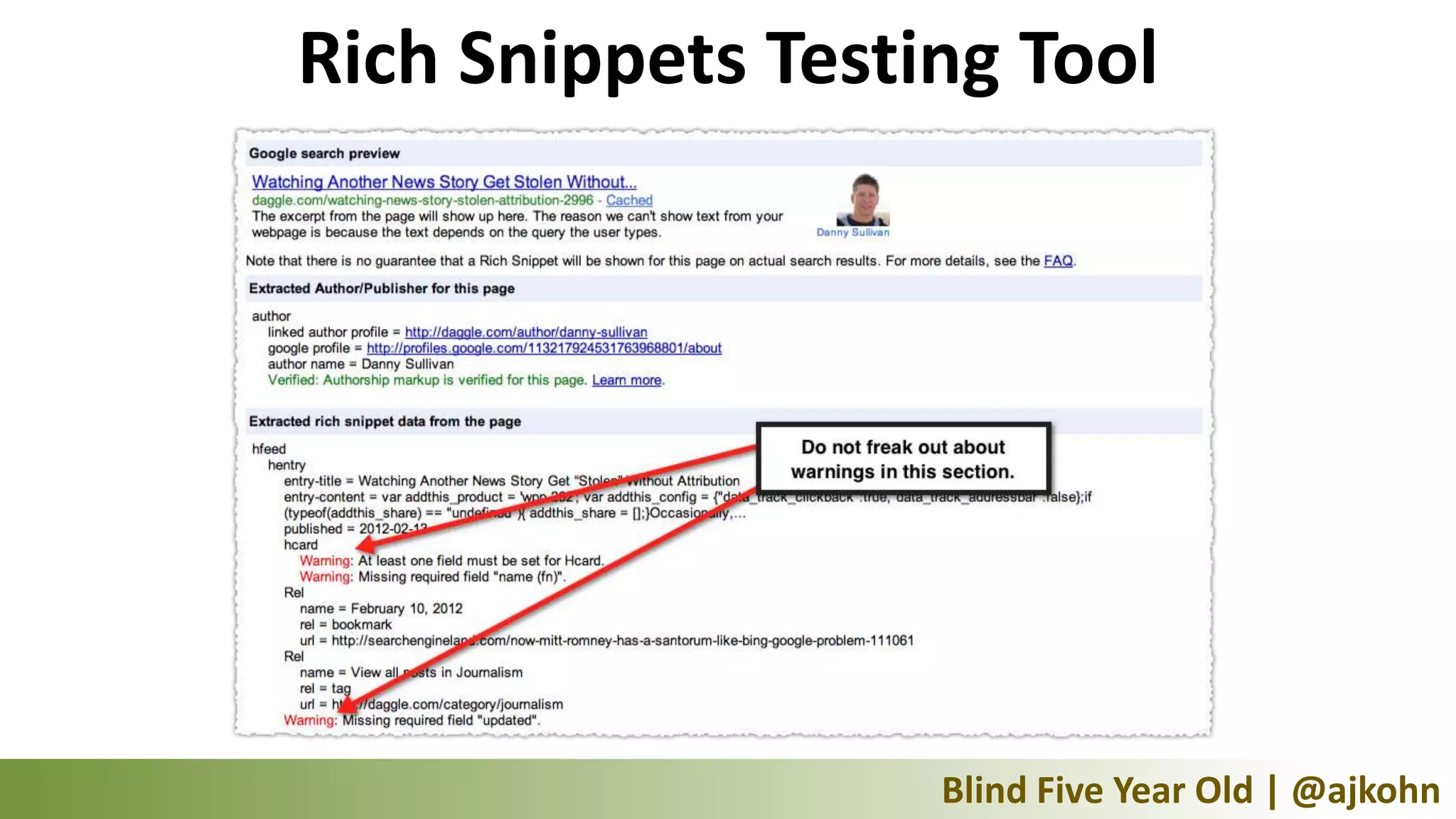 Rich Snippets Testing Tool




                   Blind Five Year Old | @ajkohn
 