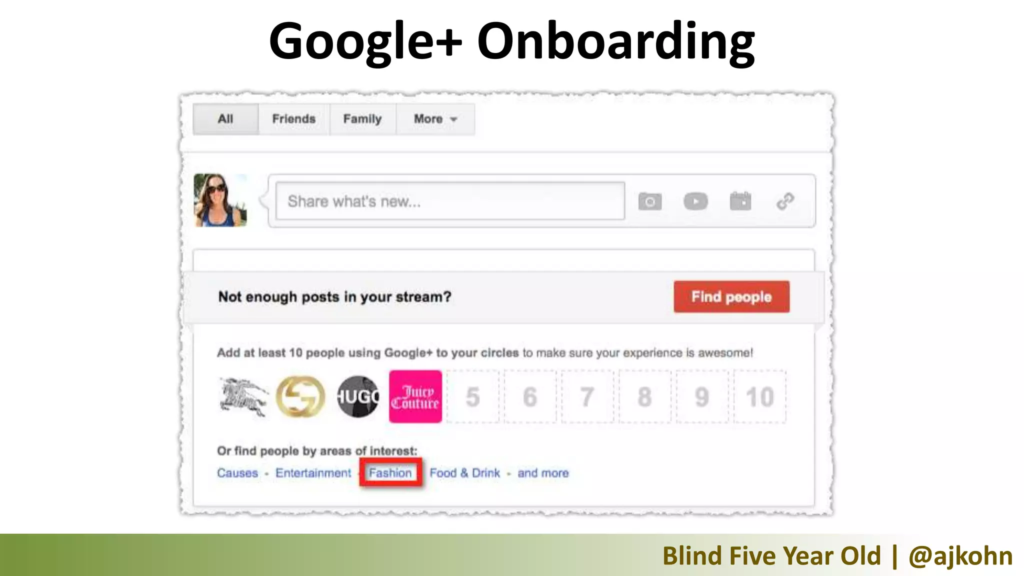Google+ Onboarding




              Blind Five Year Old | @ajkohn
 