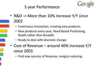 5 year Performance R&D -> More than 10% increase Y/Y since 2002 Continuous Innovation, creating new products. New products every year, Need Based Positioning, Depth rather than Breadth. Ready to deal with dramatic change. Cost of Revenue – around 40% increase Y/Y since 2003 Find new sources of Revenue, margins reducing. 