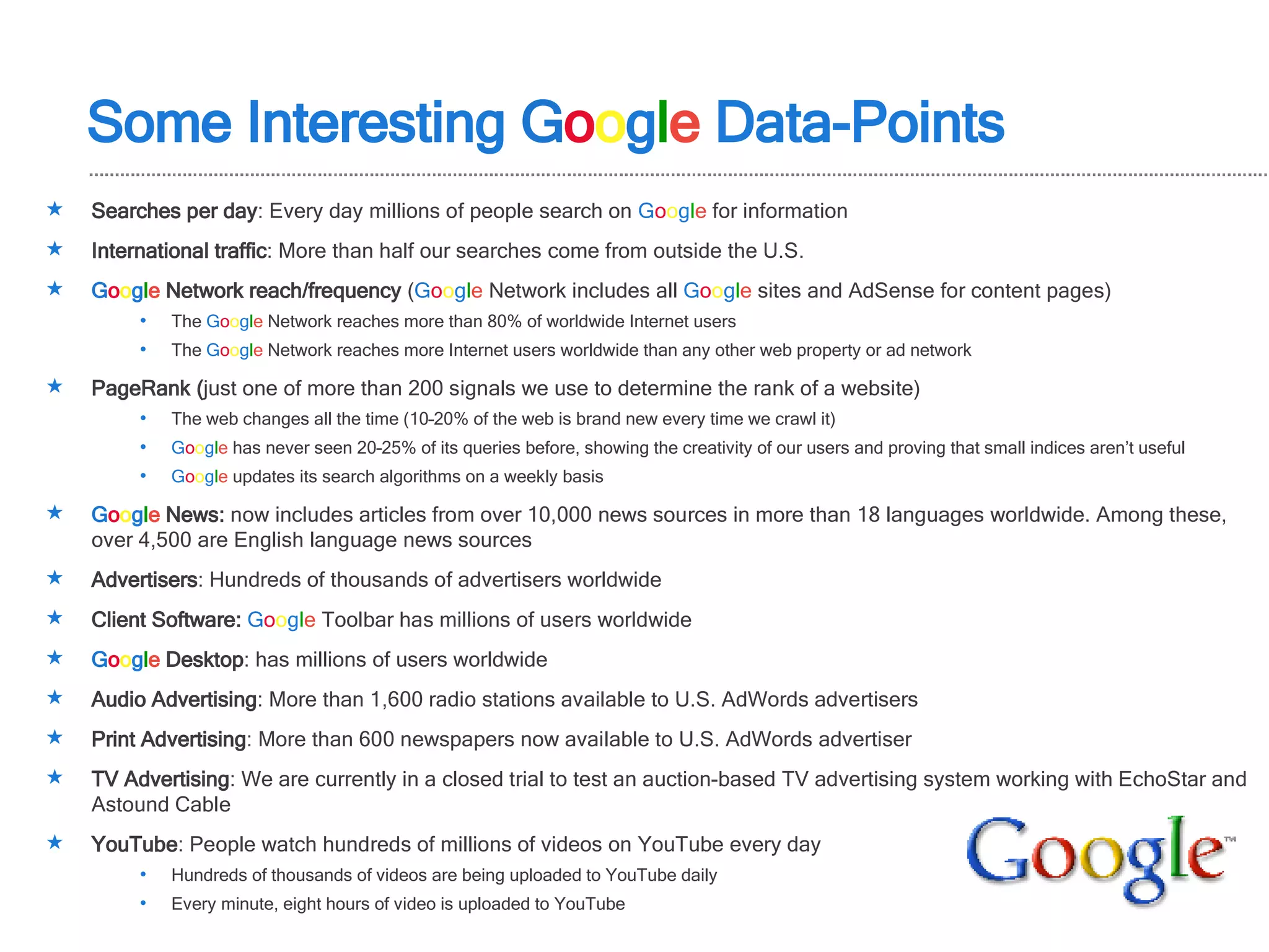 Some Interesting  G o o g l e  Data-Points Searches per day : Every day millions of people search on  G o o g l e  for information  International traffic : More than half our searches come from outside the U.S.  G o o g l e  Network reach/frequency  ( G o o g l e  Network includes all  G o o g l e  sites and AdSense for content pages)  The  G o o g l e  Network reaches more than 80% of worldwide Internet users  The  G o o g l e  Network reaches more Internet users worldwide than any other web property or ad network PageRank ( just one of more than 200 signals we use to determine the rank of a website) The web changes all the time (10–20% of the web is brand new every time we crawl it) G o o g l e  has never seen 20–25% of its queries before, showing the creativity of our users and proving that small indices aren’t useful G o o g l e  updates its search algorithms on a weekly basis G o o g l e  News:  now includes articles from over 10,000 news sources in more than 18 languages worldwide. Among these, over 4,500 are English language news sources Advertisers : Hundreds of thousands of advertisers worldwide  Client Software:  G o o g l e  Toolbar has millions of users worldwide G o o g l e  Desktop : has millions of users worldwide Audio Advertising : More than 1,600 radio stations available to U.S. AdWords advertisers Print Advertising : More than 600 newspapers now available to U.S. AdWords advertiser TV Advertising : We are currently in a closed trial to test an auction-based TV advertising system working with EchoStar and Astound Cable YouTube : People watch hundreds of millions of videos on YouTube every day  Hundreds of thousands of videos are being uploaded to YouTube daily  Every minute, eight hours of video is uploaded to YouTube  