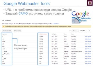 Google Webmaster Tools
• URL-и с проблемни параметри според Google
• Задавай САМО ако знаеш какво правиш
Намерени
параметри
 