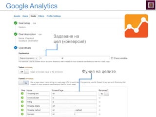 Google Analytics
Задаване на
цел (конверсия)
Фуния на целите
 