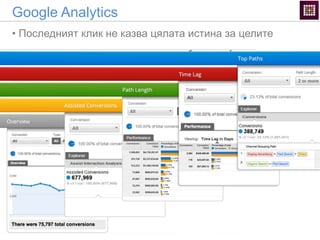 Google Analytics
• Последният клик не казва цялата истина за целите
 