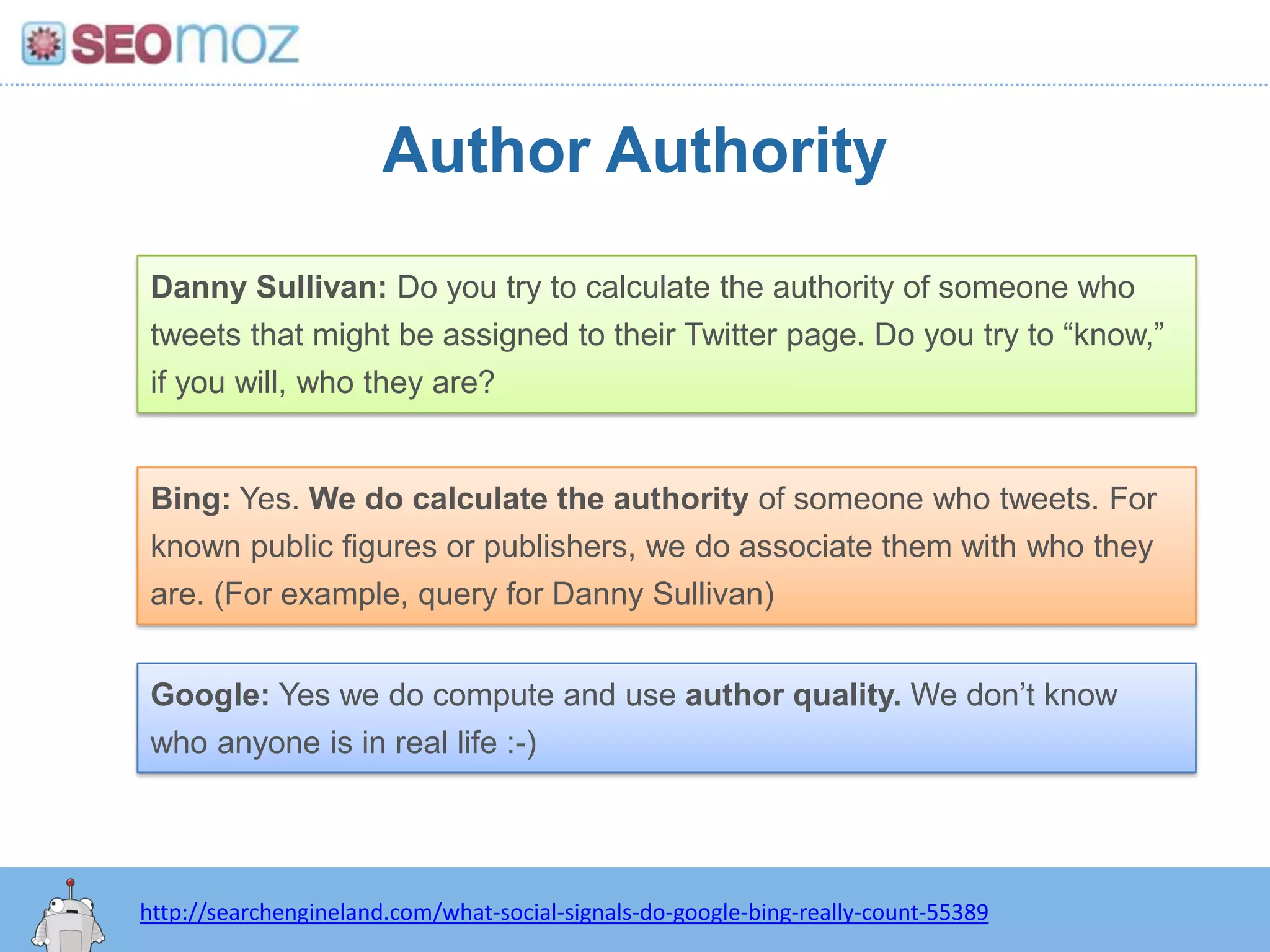 Author AuthorityDanny Sullivan: Do you try to calculate the authority of someone who tweets that might be assigned to their Twitter page. Do you try to “know,” if you will, who they are?Bing: Yes. We do calculate the authority of someone who tweets. For known public figures or publishers, we do associate them with who they are. (For example, query for Danny Sullivan)Google: Yes we do compute and use author quality. We don’t know who anyone is in real life :-)http:/googleblog.blogspot.com/2010/06/our-new-search-index-caffeine.htmlhttp://searchengineland.com/what-social-signals-do-google-bing-really-count-55389