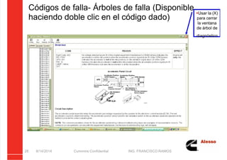 5/21/2018 Curso Insite 7.6 - slidepdf.com
http://slidepdf.com/reader/full/curso-insite-76 28/104
Códigos de falla- Árboles de falla (Disponible
haciendo doble clic en el código dado)
8/14/2014 Cummins Confidential ING. FRANCISCO RAMOS
28
Usar la (X)
para cerrar
la ventana
de árbol de
diagnóstico
 