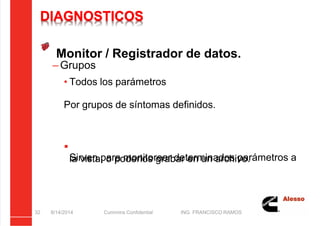 5/21/2018 Curso Insite 7.6 - slidepdf.com
http://slidepdf.com/reader/full/curso-insite-76 32/104
DIAGNOSTICOS
Monitor / Registrador de datos.
– Grupos
• Todos los parámetros
Por grupos de síntomas definidos.

Sirven para monitorear determinados parámetros a
la vista, o poderlos grabar en un archivo.
8/14/2014 Cummins Confidential ING. FRANCISCO RAMOS
32
 
