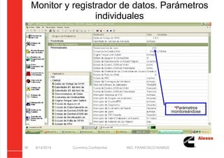 5/21/2018 Curso Insite 7.6 - slidepdf.com
http://slidepdf.com/reader/full/curso-insite-76 36/104
Monitor y registrador de datos. Parámetros
individuales
8/14/2014 Cummins Confidential ING. FRANCISCO RAMOS
36
Parámetros
monitoreándose
 