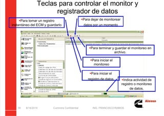 5/21/2018 Curso Insite 7.6 - slidepdf.com
http://slidepdf.com/reader/full/curso-insite-76 39/104
Teclas para controlar el monitor y
registrador de datos
8/14/2014 Cummins Confidential ING. FRANCISCO RAMOS
39
Para dejar de monitorear
datos por un momento
Para tomar un registro
instantáneo del ECM y guardarlo
Para iniciar el
registro de datos
Para terminar y guardar el monitoreo en
archivo.
Para iniciar el
monitoreo
Indica actividad de
registro o monitoreo
de datos.
 