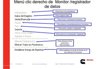 5/21/2018 Curso Insite 7.6 - slidepdf.com
http://slidepdf.com/reader/full/curso-insite-76 41/104
Menú clic derecho de Monitor /registrador
de datos
8/14/2014 Cummins Confidential ING. FRANCISCO RAMOS
41
Para tomar una instantánea.
Para registrar datos.
Para iniciar o reanudar el monitoreo
Para detener momentáneamente el monitoreo.
Para parar y grabar lo registrado.
Para eliminar el (los)
parámetros
seleccionados.
Para imprimir lo monitoreado / registrado
Para establecer el rango de tiempo en el
que realizará el monitoreo.
 
