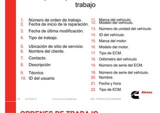 5/21/2018 Curso Insite 7.6 - slidepdf.com
http://slidepdf.com/reader/full/curso-insite-76 82/104
trabajo
1. Número de orden de trabajo.
2. Fecha de inicio de la reparación.
3. Fecha de última modificación.
4. Tipo de trabajo.
5. Ubicación de sitio de servicio.
6. Nombre del cliente.
7. Contacto.
8. Descripción
9. Técnico
10. ID del usuario
8/14/2014 Cummins Confidential ING. FRANCISCO RAMOS
82
11. Marca del vehículo.
12. Modelo del vehículo.
13. Número de unidad del vehículo.
14. ID del vehículo.
15. Marca del motor.
16. Modelo del motor.
17. Tipo de ECM.
18. Odómetro del vehículo
19. Número de serie del ECM.
19. Número de serie del vehículo.
20. Nombre.
21. Fecha y hora
22. Tipo de ECM.
 