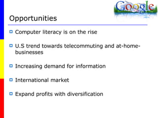 Opportunities Computer literacy is on the rise U.S trend towards telecommuting and at-home-businesses Increasing demand for information International market Expand profits with diversification 