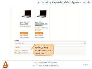 Page 17
10. Landing Page with rich snippets example
User Guide: Google Rich Snippets
Support: http://amasty.com/contacts/
Now you can show
summary products
rating and the most
attractive product price
on the bottom of the
landing page
 