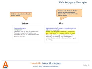 Page 5
2. Settings: Product
Specify CSS selectors to add
rich data to page elements.
User Guide: Google Rich Snippets
Support: http://amasty.com/contacts/
For the next three fields
specify CSS selectors of
HTML elements that
contain product info.
In search results you can
display the product price
including tax or the price
excluding tax.
 