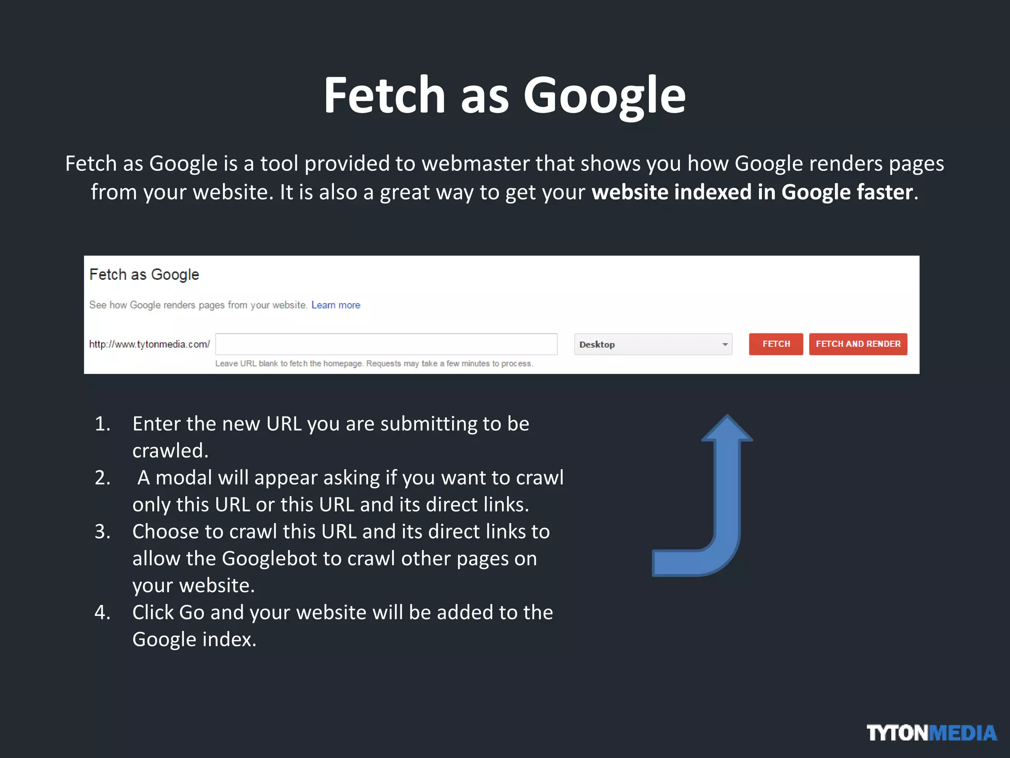 Fetch as Google
Fetch as Google is a tool provided to webmaster that shows you how Google renders pages
from your website. It is also a great way to get your website indexed in Google faster.
1. Enter the new URL you are submitting to be
crawled.
2. A modal will appear asking if you want to crawl
only this URL or this URL and its direct links.
3. Choose to crawl this URL and its direct links to
allow the Googlebot to crawl other pages on
your website.
4. Click Go and your website will be added to the
Google index.
 