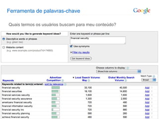 Ferramenta de palavras-chave Quais termos os usuários buscam para meu conteúdo? 