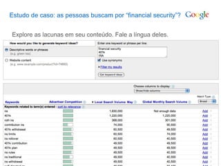 Estudo de caso: as pessoas buscam por “financial security”? Explore as lacunas em seu conteúdo. Fale a língua deles. 