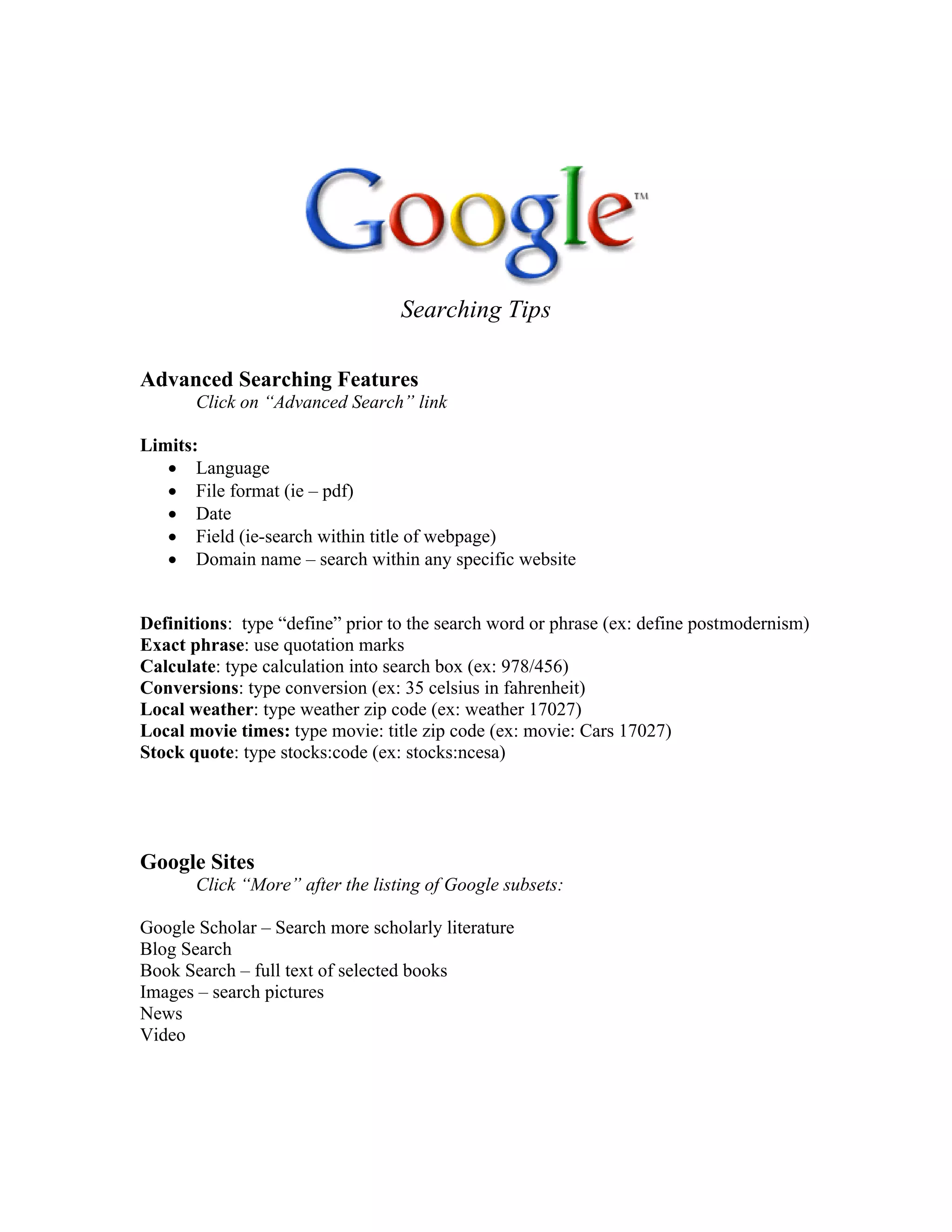 Google Searching Handout | PDF