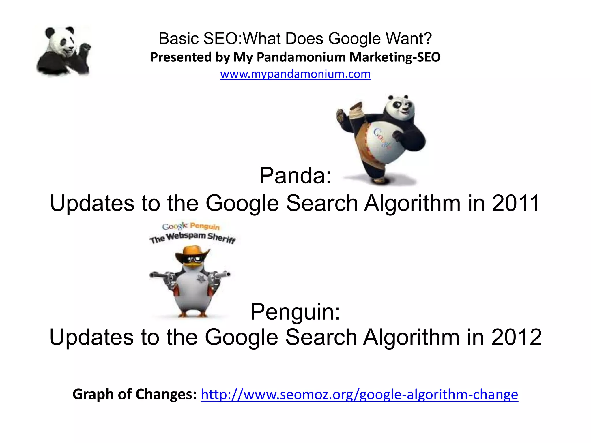 Basic SEO:What Does Google Want?
Presented by My Pandamonium Marketing-SEO
www.mypandamonium.com
Panda:
Updates to the Google Search Algorithm in 2011
Penguin:
Updates to the Google Search Algorithm in 2012
Graph of Changes: http://www.seomoz.org/google-algorithm-change
 