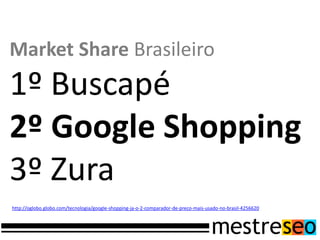 Market Share Brasileiro
1º Buscapé
2º Google Shopping
3º Zura
http://oglobo.globo.com/tecnologia/google-shopping-ja-o-2-comparador-de-preco-mais-usado-no-brasil-4256620
 