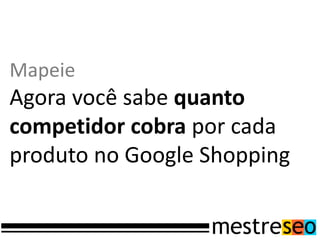 Mapeie
Agora você sabe quanto
competidor cobra por cada
produto no Google Shopping
 