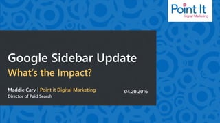 #PI_Google #rightrail@MaddieMarketer @Point_It
Google Sidebar Update
What’s the Impact?
Maddie Cary | Point it Digital Marketing
Director of Paid Search
04.20.2016
 