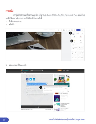 30 การสร้างเว็บไซต์คลังความรู้ดิจิทัลด้วย Google Sites
การฝัง
หากผู้ใช้ต้องการนำสื่อจากแหล่งอื่น เช่น Slideshare, ISSUU, Anyflip, Facebook Page และอื่นๆ
มาฝังไว้ในหน้าเว็บ สามารถทำได้โดยมีขั้นตอนดังนี้
1. ไปที่พาเนลแทรก
2. คลิกฝัง
3. คัดลอกโค้ดที่ต้องการฝัง
 