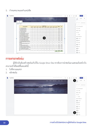 58 การสร้างเว็บไซต์คลังความรู้ดิจิทัลด้วย Google Sites
5. กำหนดขนาดและตำแหน่งชีต
การแทรกฟอร์ม
ผู้ใช้จำเป็นต้องสร้างฟอร์มเก็บไว้ใน Google Drive ก่อน หากต้องการนำฟอร์มมาแสดงผลในหน้าเว็บ
สามารถทำได้โดยมีขั้นตอนดังนี้
1. ไปที่พาเนลแทรก
2. คลิกฟอร์ม
 