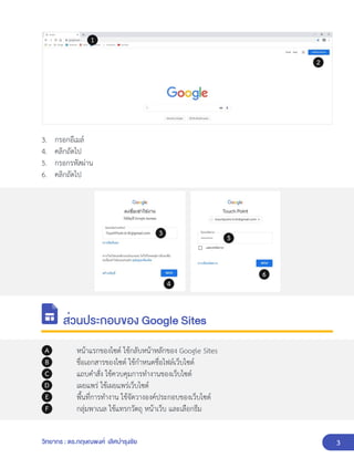 3
วิทยากร : ดร.กฤษณพงศ์ เลิศบำรุงชัย
3. กรอกอีเมล์
4. คลิกถัดไป
5. กรอกรหัสผ่าน
6. คลิกถัดไป
ส่วนประกอบของ Google Sites
หน้าแรกของไซต์ ใช้กลับหน้าหลักของ Google Sites
ชื่อเอกสารของไซต์ ใช้กำหนดชื่อไฟล์เว็บไซต์
แถบคำสั่ง ใช้ควบคุมการทำงานของเว็บไซต์
เผยแพร่ ใช้เผยแพร่เว็บไซต์
พื้นที่การทำงาน ใช้จัดวางองค์ประกอบของเว็บไซต์
กลุ่มพาเนล ใช้แทรกวัตถุ หน้าเว็บ และเลือกธีม
 