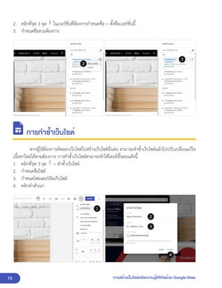 74 การสร้างเว็บไซต์คลังความรู้ดิจิทัลด้วย Google Sites
2. คลิกที่จุด 3 จุด ในเวอร์ชั่นที่ต้องการกำหนดชื่อ > ตั้งชื่อเวอร์ชั่นนี้
3. กำหนดชื่อตามต้องการ
การทำซ้ำเว็บไซต์
หากผู้ใช้ต้องการคัดลอกเว็บไซต์ไปสร้างเว็บไซต์อื่นต่อ สามารถทำซ้ำเว็บไซต์แล้วไปปรับเปลี่ยนแก้ไข
เนื้อหาใหม่ได้ตามต้องการ การทำซ้ำเว็บไซต์สามารถทำได้โดยมีขั้นตอนดังนี้
1. คลิกที่จุด 3 จุด > ทำซ้ำเว็บไซต์
2. กำหนดชื่อไฟล์
3. กำหนดโฟลเดอร์จัดเก็บไฟล์
4. คลิกทำสำเนา
 