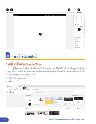 4 การสร้างเว็บไซต์คลังความรู้ดิจิทัลด้วย Google Sites
การสร้างเว็บไซต์ใหม่
การสร้างผ่านเว็บ Google Sites
ผู้ใช้สามารถเริ่มสร้างเว็บไซต์จากหน้าเว็บ Google Sites ได้ทันที ไฟล์เว็บไซต์จะถูกสร้างขึ้นใน
Google Drive โดยอัตโนมัติ ไม่สามารถเลือกโฟลเดอร์เพื่อจัดเก็บไฟล์เว็บไซต์ได้ แต่สามารถย้ายไฟล์ได้ใน
ภายหลัง สามารถทำได้โดยมีขั้นตอนดังนี้
1. ไปที่ sites.google.com
2. คลิกว่าง
 