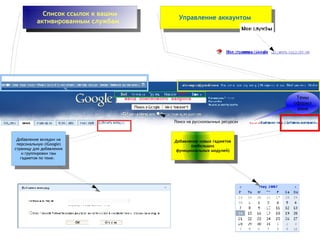 ввод поискового запроса Поиск на русскоязычных ресурсах Список ссылок к вашим  активированным  службам   Управление аккаунтом  Добавление вкладки на персональную (iGoogle) страницу для добавления и группировки там гаджетов по теме.  Добавление новых гаджетов (небольших функциональных модулей) Темы оформления 