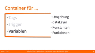 Container für …
•Tags
•Trigger
•Variablen
2016-11-18 Stefan David – @derstefan – SEOkomm 2016 – #seokomm #gtm 9
• Umgebung
• dataLayer
• Konstanten
• Funktionen
 