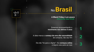 Confidential + Proprietary
A Black Friday é um pouco
diferente dos EUA:
Estamos acompanhando o
movimento nos últimos 5 anos 1
A data marca o começo de uma alta sazonalidade
de compras, não seu fim 2
Ela não "foi para o digital". Ela começou online
e depois saiu para as ruas 3
No Brasil
 