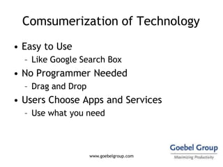 Comsumerization of Technology
• Easy to Use
  – Like Google Search Box
• No Programmer Needed
  – Drag and Drop
• Users Ch...