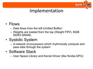 Implementation
• Flows
– Data flows from the left (Unified Buffer)
– Weights are loaded from the top (Weight FIFO, 8GiB
DD...