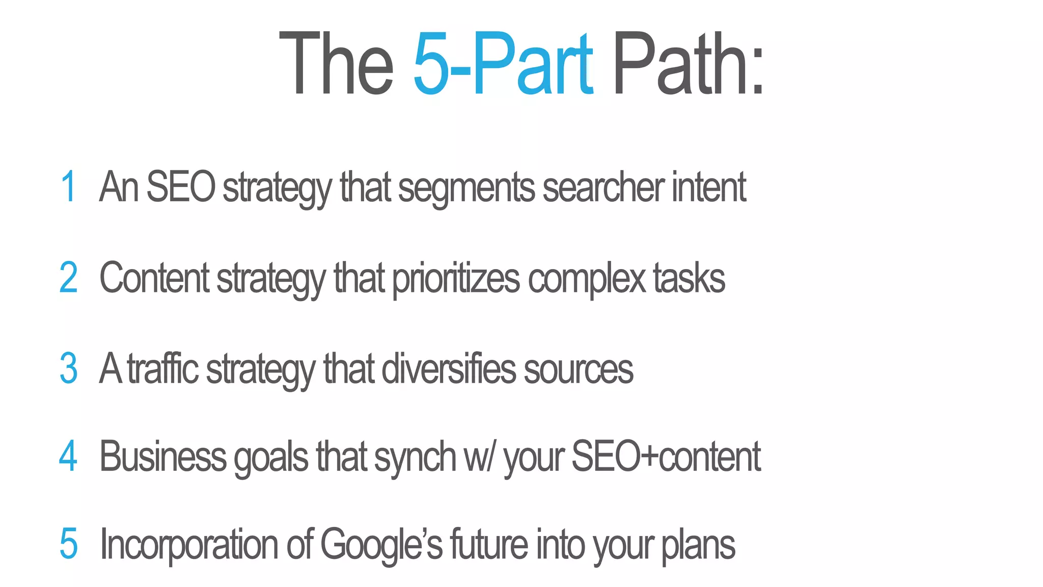 The 5-Part Path:
AnSEOstrategythatsegmentssearcherintent
Contentstrategythatprioritizescomplextasks
Businessgoalsthatsynchw/yourSEO+content
Atrafficstrategythatdiversifiessources
IncorporationofGoogle’sfutureintoyourplans
1
2
3
4
5
 