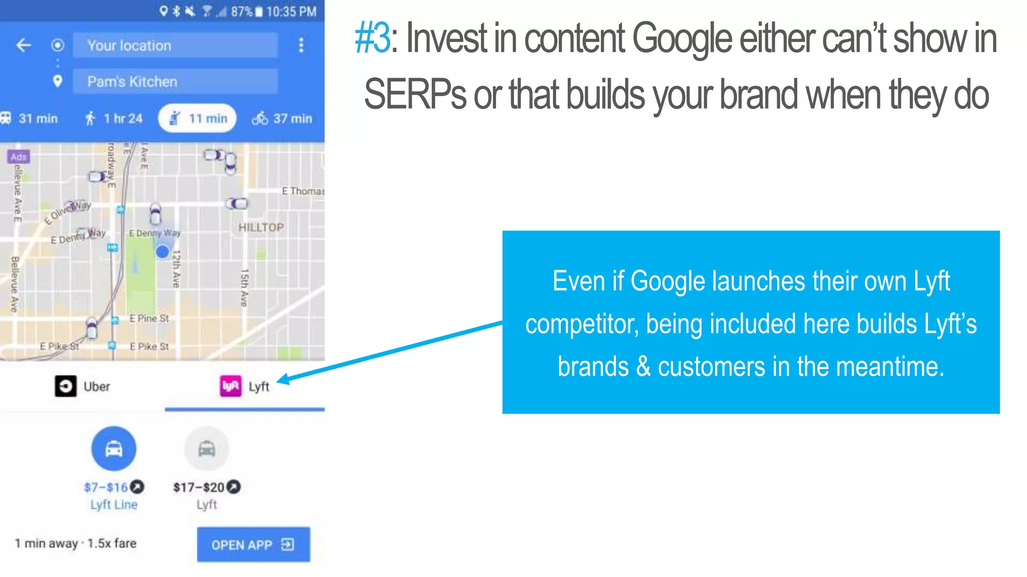 #3:InvestincontentGoogleeithercan’tshowin
SERPsorthatbuildsyourbrandwhentheydo
Even if Google launches their own Lyft
competitor, being included here builds Lyft’s
brands & customers in the meantime.
 