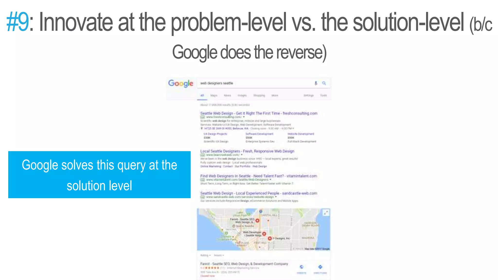 #9:Innovate attheproblem-level vs.the solution-level (b/c
Googledoesthereverse)
Google solves this query at the
solution level
 