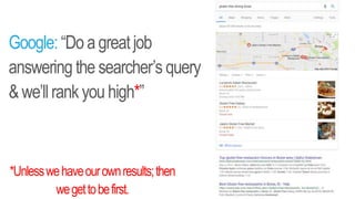 Google: “Doagreatjob
answering the searcher’s query
&we’llrankyou high*”
*Unlesswehaveourownresults;then
wegettobefirst.
 