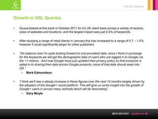 Industry Updates



Growth in SSL Queries

•   Guava looked at this back in October 2011 for it‘s UK client base across a variety of sectors,
    sizes of websites and locations, and the largest impact was just 0.4% of keywords.

•   After studying a range of retail clients in January this has increased to a range of 0.7 – 1.0%
    however it could significantly larger for other publishers.

•   “On balance now I’m quite looking forward to (not provided) data, since I think in exchange
    for the keywords we will get the demographic data of users who are logged in to Google via
    the +1 metrics. And now Google have just updated their privacy policy so that everyone is
    opted in to sharing their data across Google products, more of that data should seep into
    GA.”
      – Mark Edmondson

•   “I think we’ll see a steady increase in these figures over the next 12 months largely driven by
    the adoption of the Google+ social platform. This will give us some insight into the growth of
    Google+ users in across many verticals which will be fascinating”.
      – Gary Moyle
 