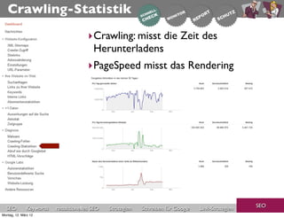 Crawling-Statistik
                                       ‣Crawling: misst die Zeit des
                                        Herunterladens
                                       ‣PageSpeed misst das Rendering




                                                                                                     SEO
  SEO          Keywords   redaktionelles SEO   Strategien   Schreiben für Google   Link-Strategien
Montag, 12. März 12
 