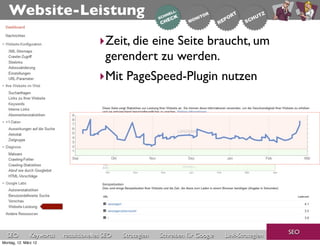 Website-Leistung

                                       ‣Zeit, die eine Seite braucht, um
                                        gerendert zu werden.
                                       ‣Mit PageSpeed-Plugin nutzen




                                                                                                     SEO
  SEO          Keywords   redaktionelles SEO   Strategien   Schreiben für Google   Link-Strategien
Montag, 12. März 12
 
