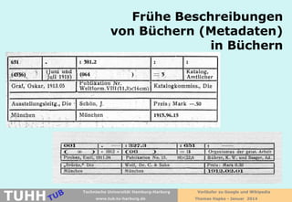 Frühe Beschreibungen
von Büchern (Metadaten)
in Büchern

TUHH

Technische Universität Hamburg-Harburg
www.tub.tu-harburg.de

Vorläufer zu Google und Wikipedia
Thomas Hapke - Januar 2014

 