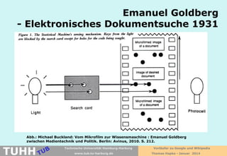 Emanuel Goldberg
- Elektronisches Dokumentsuche 1931

Abb.: Michael Buckland: Vom Mikrofilm zur Wissensmaschine : Emanuel Goldberg
zwischen Medientechnik und Politik. Berlin: Avinus, 2010. S. 212.

TUHH

Technische Universität Hamburg-Harburg
www.tub.tu-harburg.de

Vorläufer zu Google und Wikipedia
Thomas Hapke - Januar 2014

 