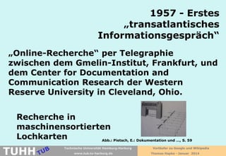 1957 - Erstes
„transatlantisches
Informationsgespräch“
„Online-Recherche“ per Telegraphie
zwischen dem Gmelin-Institut, Frankfurt, und
dem Center for Documentation and
Communication Research der Western
Reserve University in Cleveland, Ohio.
Recherche in
maschinensortierten
Lochkarten
Abb.: Pietsch, E.: Dokumentation und …, S. 59

TUHH

Technische Universität Hamburg-Harburg
www.tub.tu-harburg.de

Vorläufer zu Google und Wikipedia
Thomas Hapke - Januar 2014

 