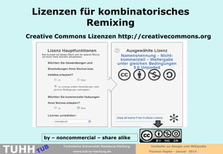 Lizenzen für kombinatorisches
Remixing
Creative Commons Lizenzen http://creativecommons.org

by – noncommercial – share alike

TUHH

Technische Universität Hamburg-Harburg
www.tub.tu-harburg.de

Vorläufer zu Google und Wikipedia
Thomas Hapke - Januar 2014

 