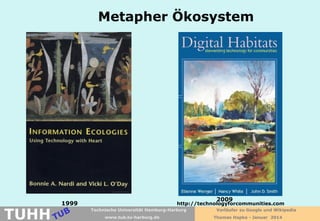 Metapher Ökosystem

TUHH

1999

2009

http://technologyforcommunities.com
Technische Universität Hamburg-Harburg
www.tub.tu-harburg.de

Vorläufer zu Google und Wikipedia
Thomas Hapke - Januar 2014

 